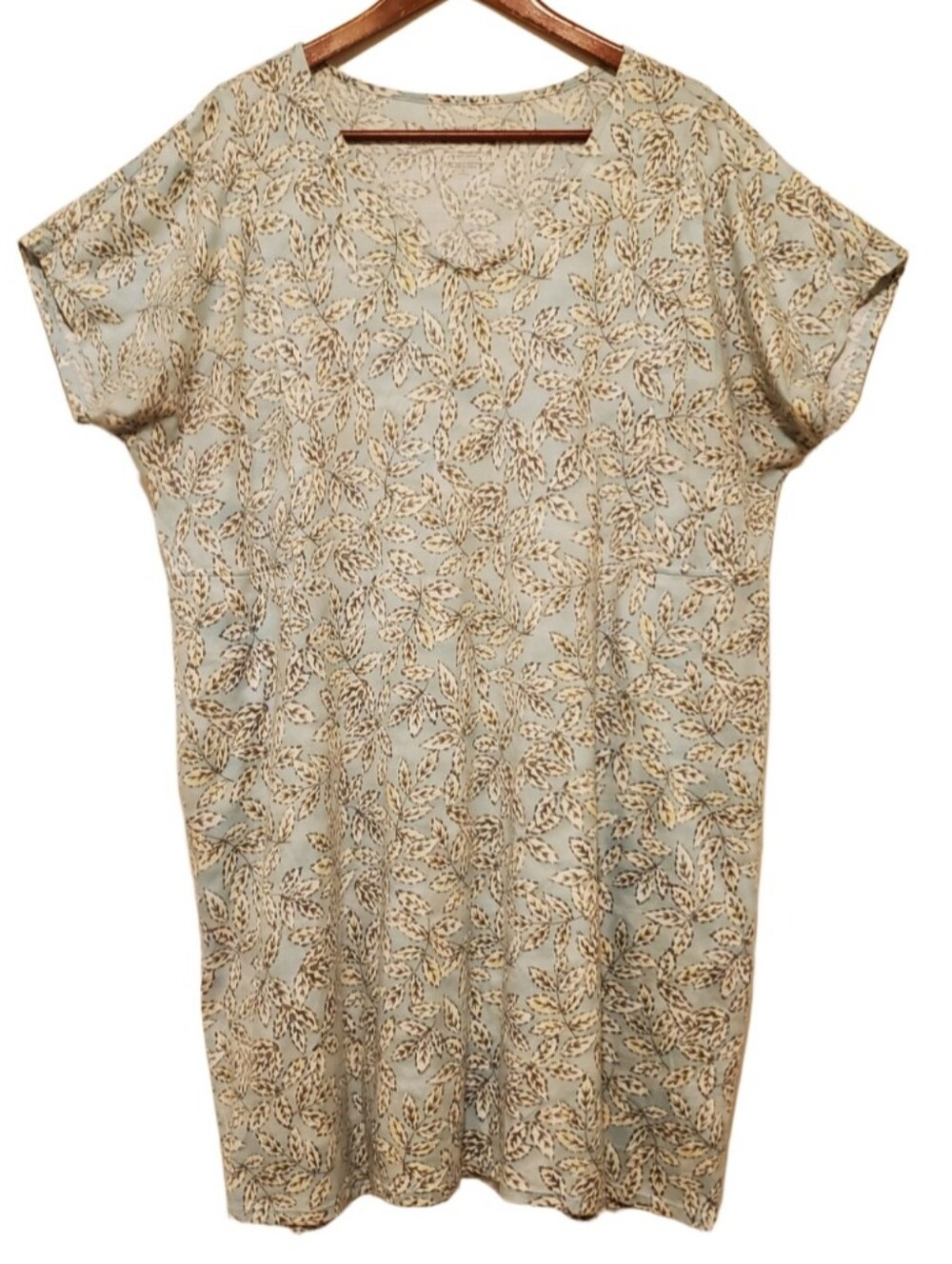 Pure Jill Soft V-neck T-shirt Dress Pale Blue Leaf Print Size XL Petite Organic
